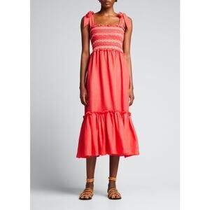 Cara Cara NYC Jenny Hibiscus Linen Smocked Tie Shoulder Midi Dress Size S